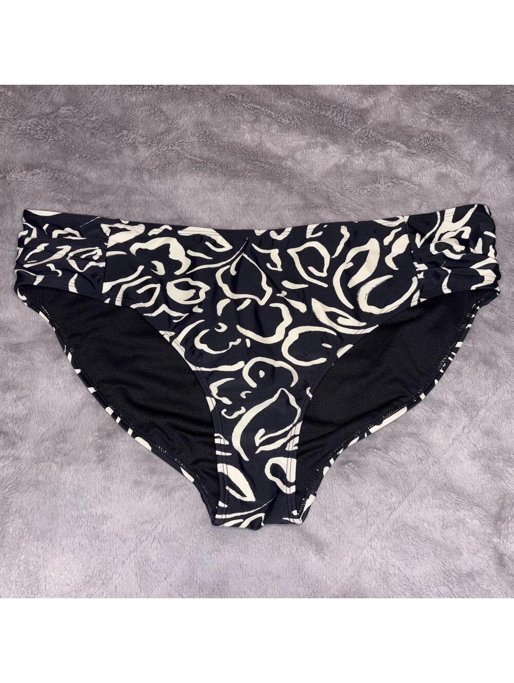 Time Tru Black White Abstract Floral Mid Rise Swim Bikini Bottom XL Summer NWT